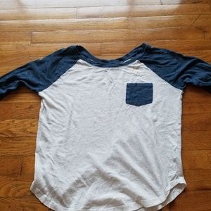 White Baseball Tee with Blue sleeve & pocket